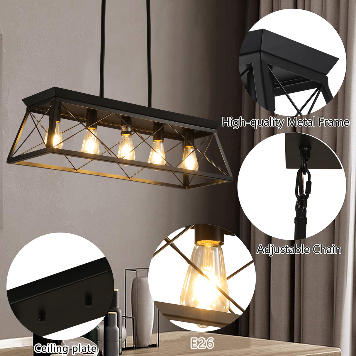 5-light farmhouse pendant light, metal pendant light island fixture, modern rectangular island light, pure black (no bulb) - V.I.P Digital Presence