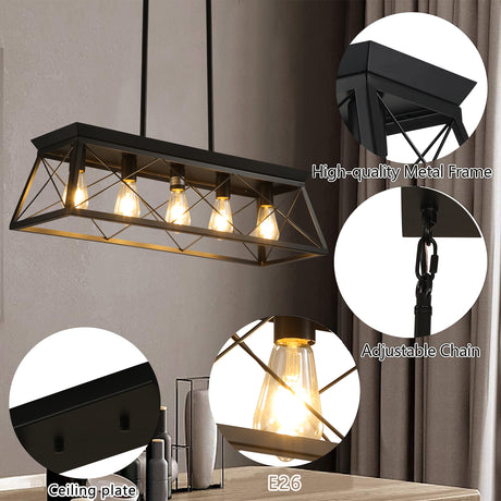 5-light farmhouse pendant light, metal pendant light island fixture, modern rectangular island light, pure black (no bulb) - V.I.P Digital Presence