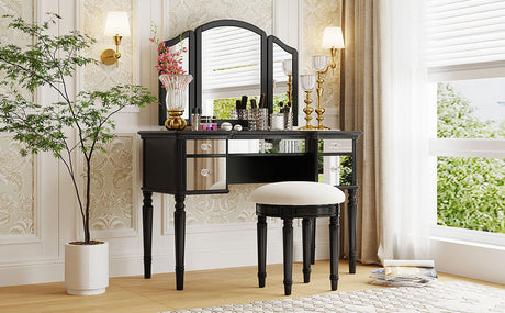 GO 43" Dressing Table Set with Mirrored Drawers and Stool, Tri-fold Mirror, Makeup Vanity Set for Bedroom, Black - V.I.P Digital Presence