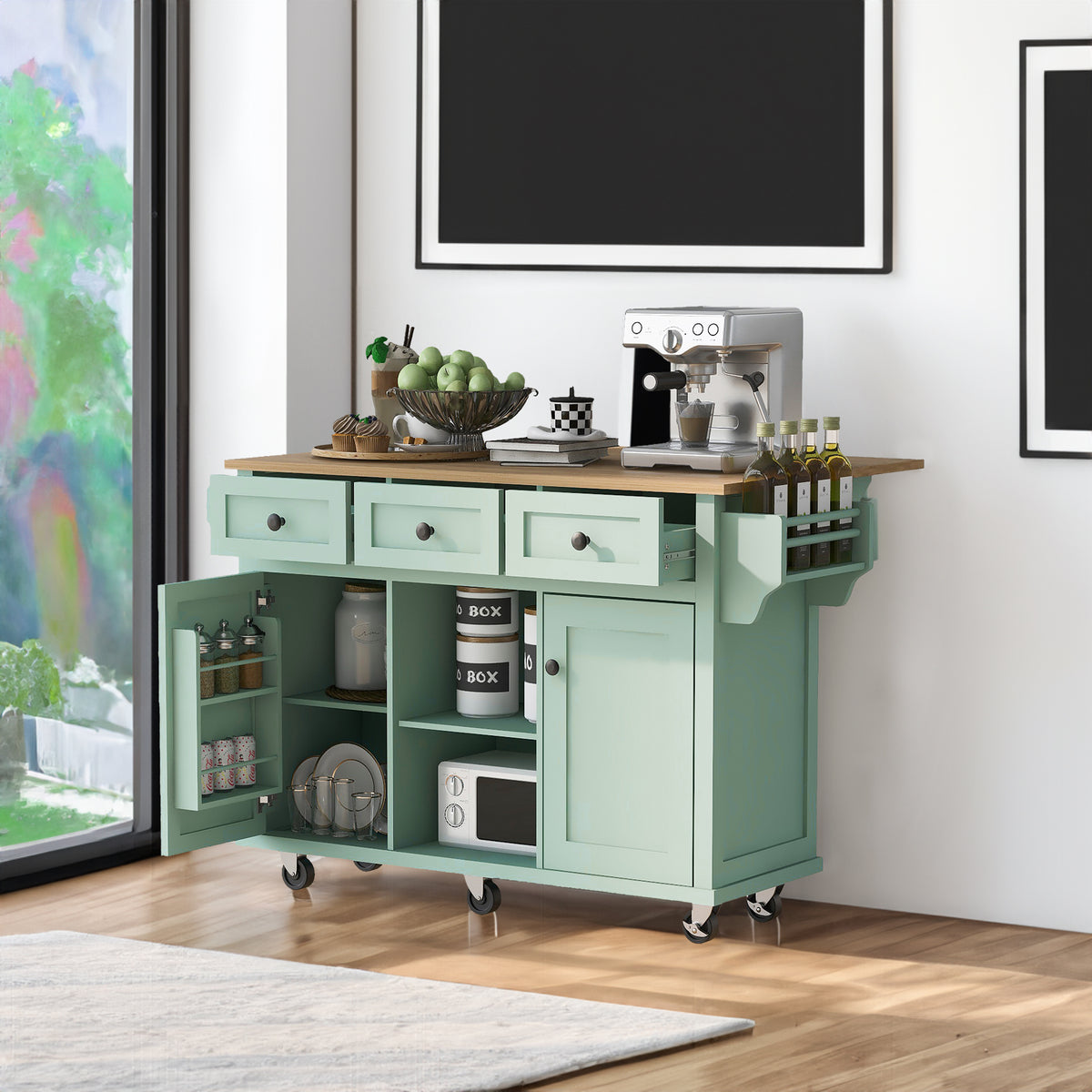 Kitchen trolley, cabinet door internal storage rack with storage cabinet and 3 dining room drawers, mint green - V.I.P Digital Presence