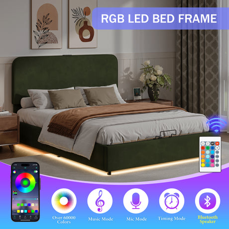Large hydraulic storage bed with soft cushion lifting storage bed with RGB LED lights, Bluetooth speaker lychee velvet, green - V.I.P Digital Presence