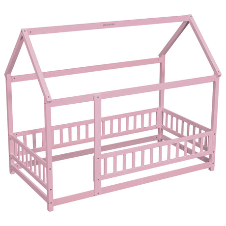 Twin Size Floor Wooden Bed with House Roof Frame, Fence Guardrails,Pink - V.I.P Digital Presence