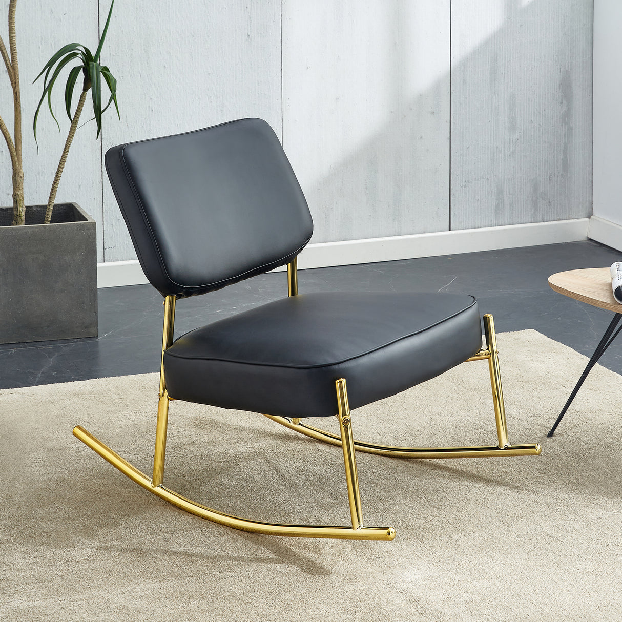 PU material cushioned rocking chair unique rocking chair cushioned seat black backrest rocking chair and gold metal legs