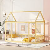Twin Size Floor Wooden Bed with House Roof Frame and Safety Guardrails,Natural - V.I.P Digital Presence