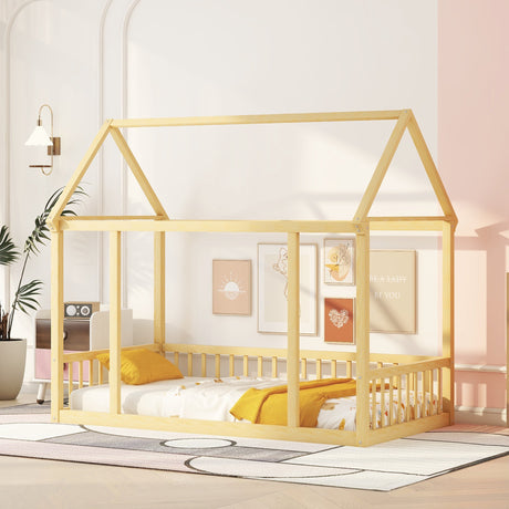 Twin Size Floor Wooden Bed with House Roof Frame and Safety Guardrails,Natural - V.I.P Digital Presence