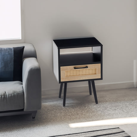 15.75" Rattan End table with drawer and solid wood legs Modern nightstand side table for living room black - V.I.P Digital Presence