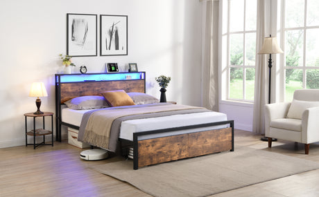 Full size bedstead with storage headboard and 2 drawers, LED light bed with charging station, metal Flat noodles support - V.I.P Digital Presence
