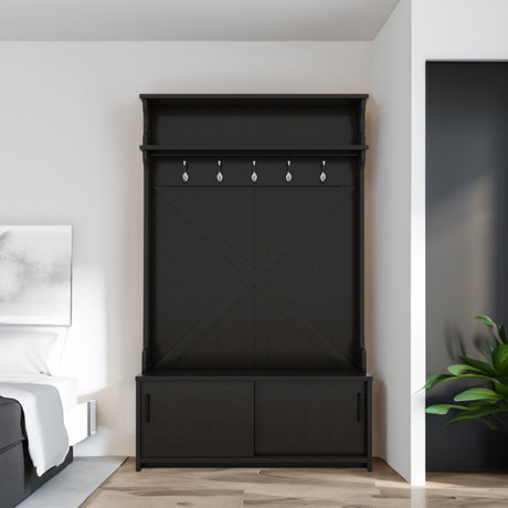 Hall tree with roof rack and storage platform, corridor shoe cabinet with sliding door, clothes hanger with 5 hooks black - V.I.P Digital Presence