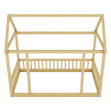 Twin Size Floor Wooden Bed with House Roof Frame and Safety Guardrails,Natural - V.I.P Digital Presence