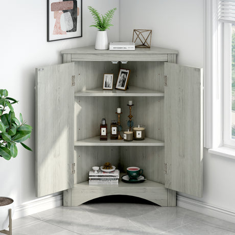 Oak Triangle Bathroom Storage Cabinet with Adjustable Shelves, Freestanding Floor Cabinet for Home Kitchen - V.I.P Digital Presence