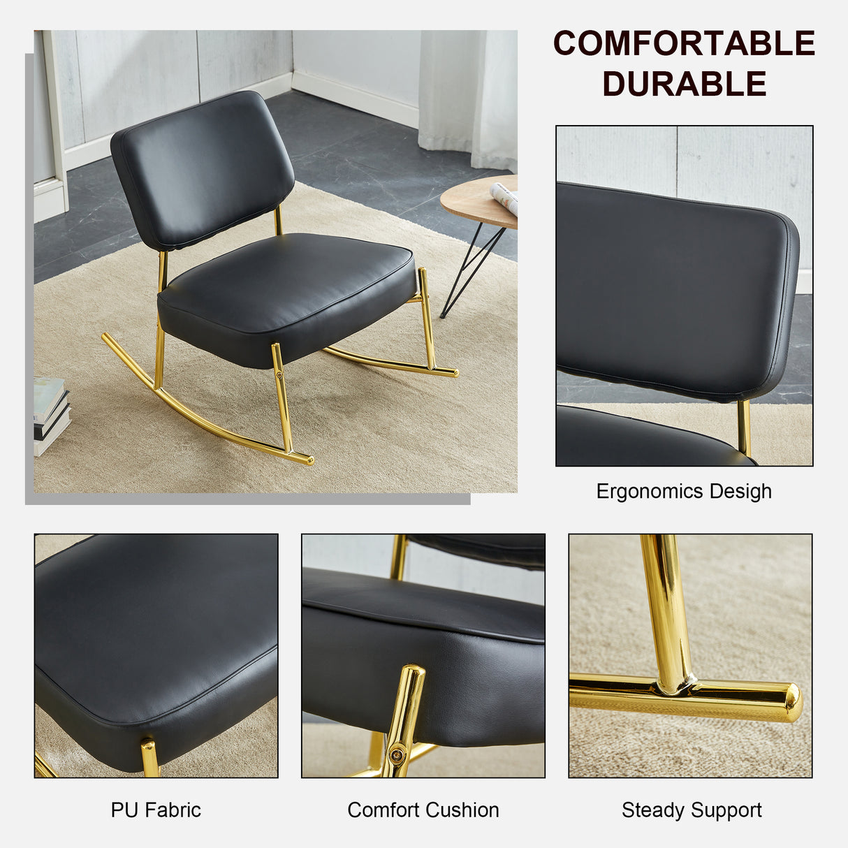 PU material cushioned rocking chair unique rocking chair cushioned seat black backrest rocking chair and gold metal legs