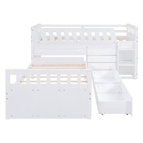 L-shaped Space-Saving Twin Loft and Twin Platform Bed with 7 Drawers and Full Guardrails(WHITE) - V.I.P Digital Presence