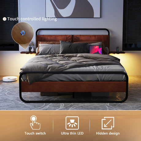 King Size Metal Bed Frame with Upholstered Headboard, with wireless charging and USB A & USB C, Touch LED light Vintage Brown - V.I.P Digital Presence