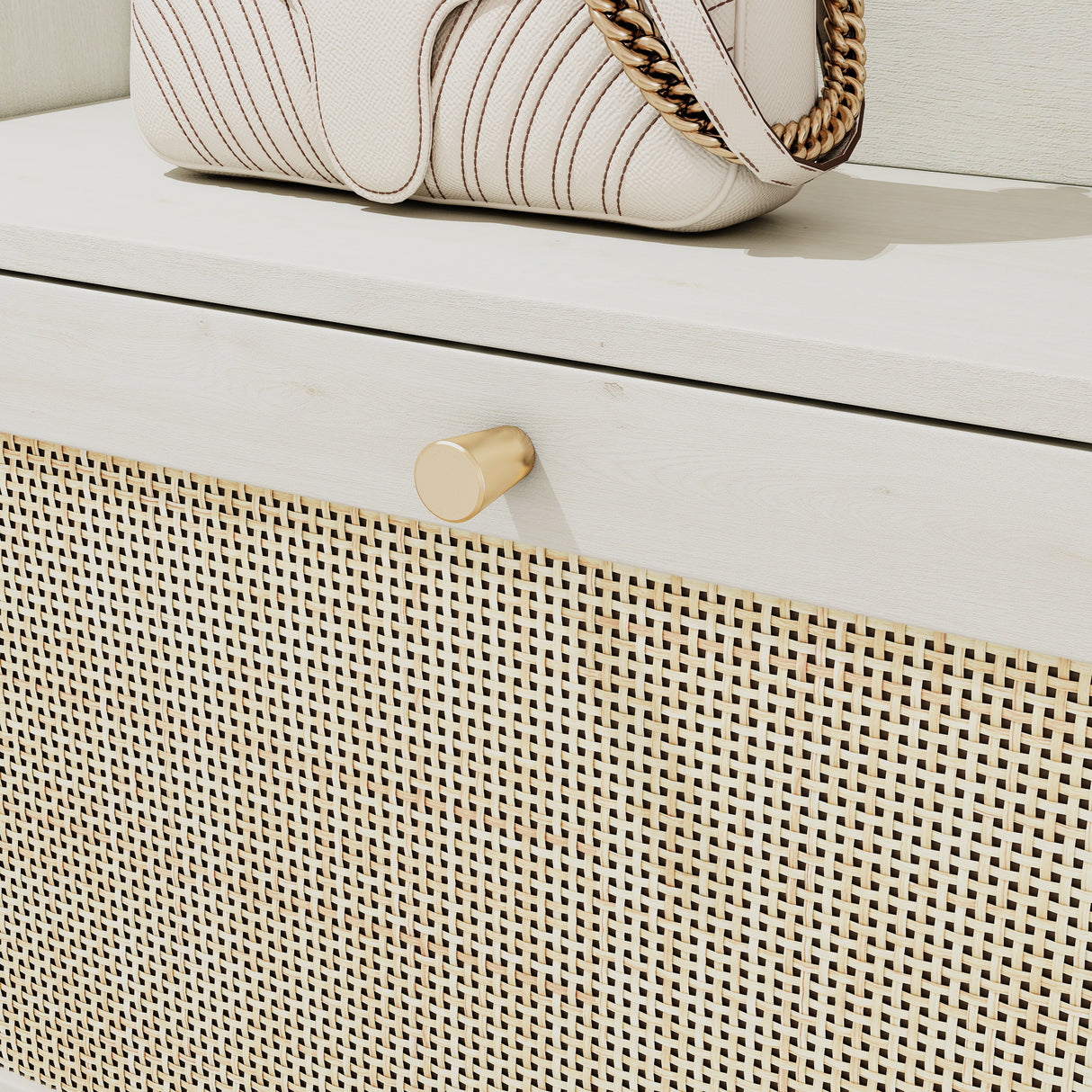 Natural Bohemian style shoe cabinet with 3 rattan flip drawers, 3 square shelves, and 1 storage drawer, white - V.I.P Digital Presence