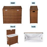 Laundry Hamper With Lid PE Rattan Powder Coating Frame Clothes Hampers with 02 Removable Bags, Wheels, 160L, Brown Color - V.I.P Digital Presence