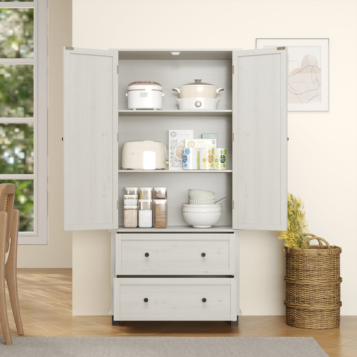 70 inch high kitchen pantry storage cabinet with 2 drawers and 3 shelves, large storage cabinet (antique white) - V.I.P Digital Presence