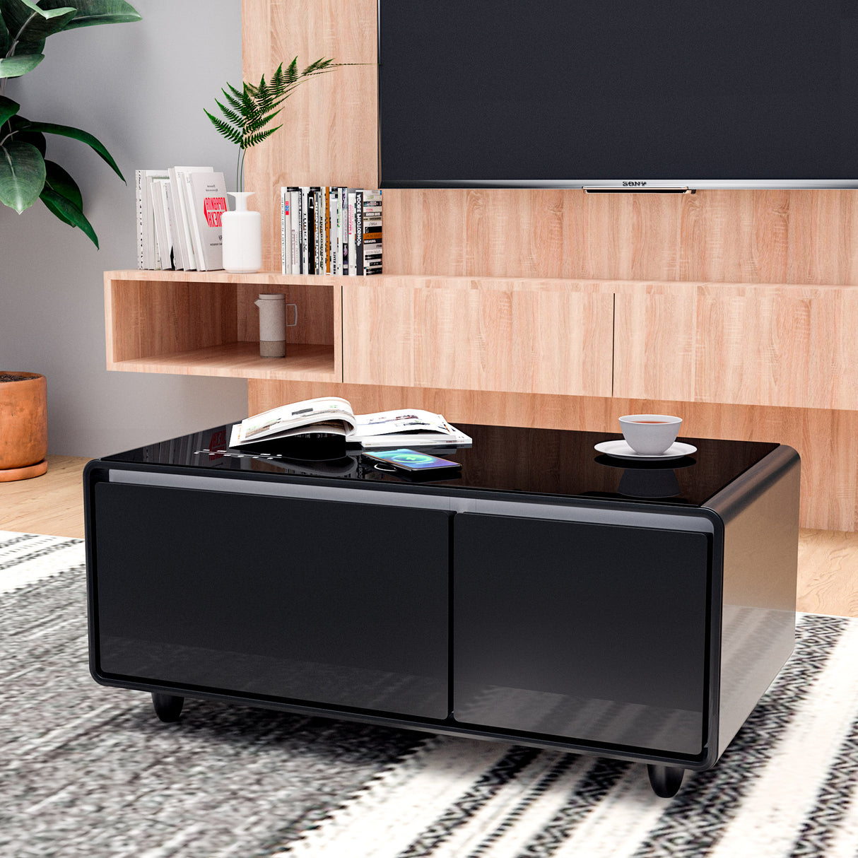 Modern Smart Coffee Table with Built-in Fridge, Bluetooth Speaker, Wireless Charging, Touch Control Panel, USB Interface Black - V.I.P Digital Presence