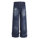 Street Design Floral Embroidered Denim Wide-Leg Long Pants Men's Vibe Trendy Washed Distressed Straight Leg Trousers - V.I.P Digital Presence