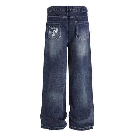 Street Design Floral Embroidered Denim Wide-Leg Long Pants Men's Vibe Trendy Washed Distressed Straight Leg Trousers - V.I.P Digital Presence