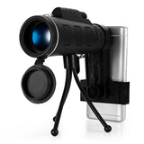 Telescopio monocular 40x60 con zoom y brújula, trípode con clip para teléfono móvil y cámara.
