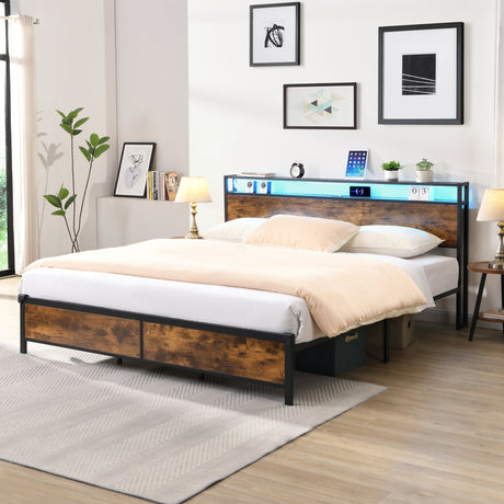 Industrial extra large bed frame with LED lights and 2 USB ports, extra large bed frame with storage space, rural brown color - V.I.P Digital Presence