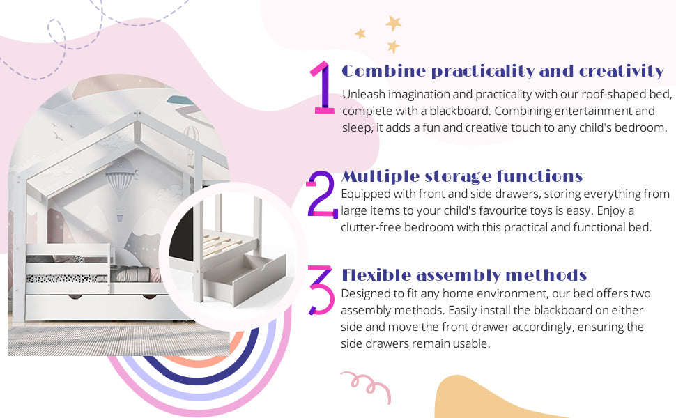 Full House Bed with Blackboard and Drawers Two assembly options White - V.I.P Digital Presence