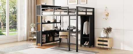 Metal loft bed with wardrobe and L-shaped desk, full-size loft bed with storage cabinet and shelf, heavy-duty loft bed, black - V.I.P Digital Presence