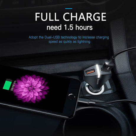 Baseus  Charge 3.0 Car Charger 5V3A Dual USB Port QC3.0 Quick Charger Mobile Phone Fast Charging Charger 2 USB Car-Charger - V.I.P Digital Presence