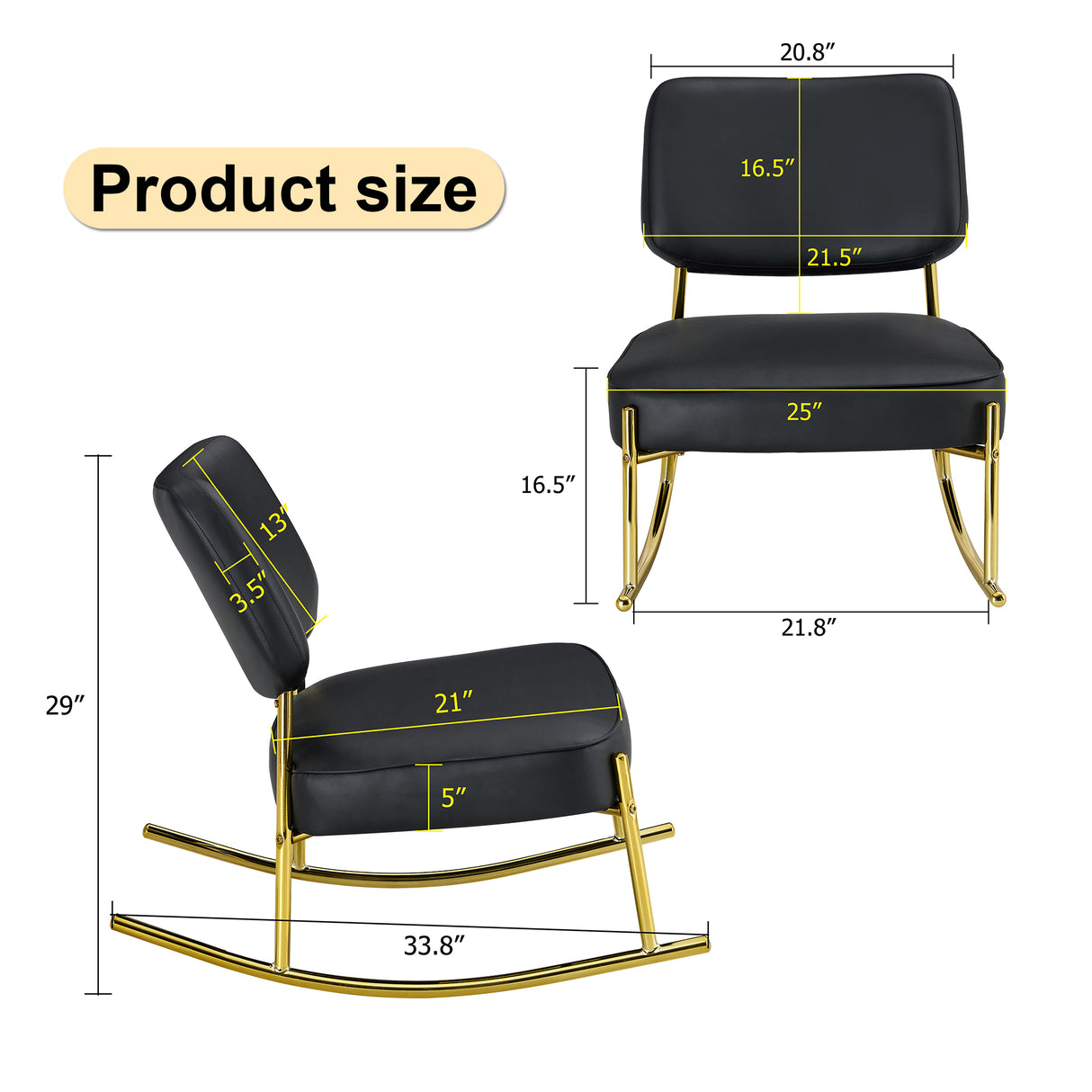 PU material cushioned rocking chair unique rocking chair cushioned seat black backrest rocking chair and gold metal legs