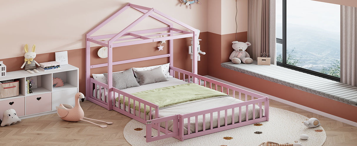 Wooden Full Size Children's Bed with Detachable Headboard and Integrated Clothes Drying Rack, Pink - V.I.P Digital Presence