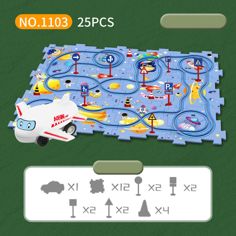 Montaje de bricolaje de un coche de pista de rompecabezas para niños con varios escenarios de construcción de mapas de la ciudad, coche de pista de rompecabezas eléctrico