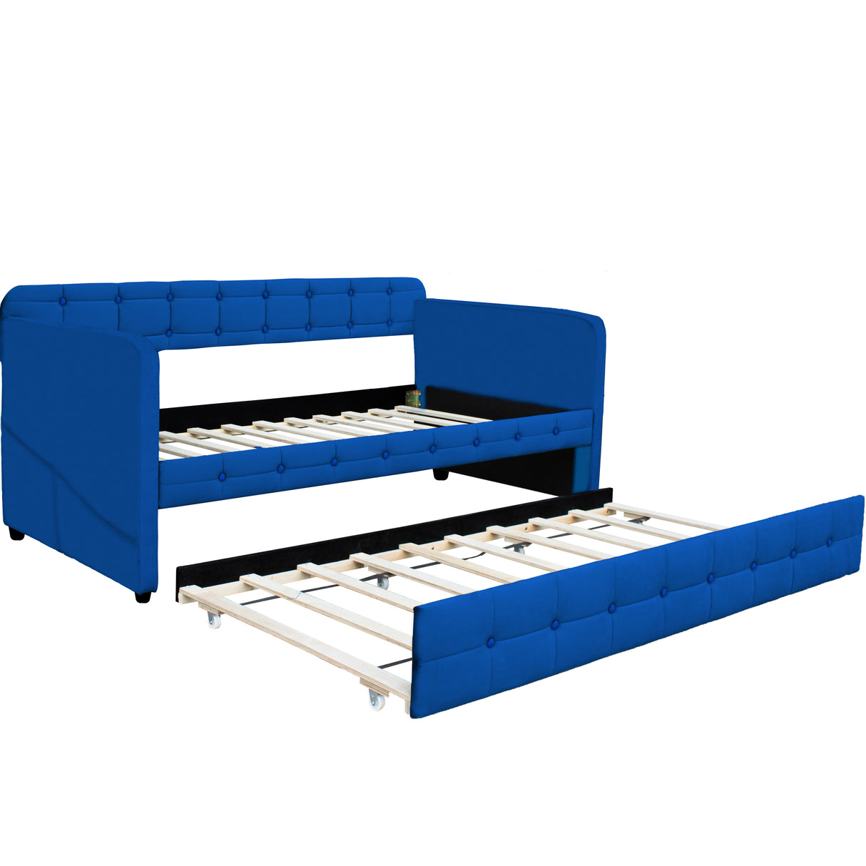 Blue padded twin beds with wheels, velvet fabric, no need for springs - V.I.P Digital Presence