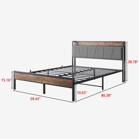 Queen Size Bed Frame Storage Headboard with Charging Station Solid and Stable Noise Free Vintage Brown and Gray - V.I.P Digital Presence