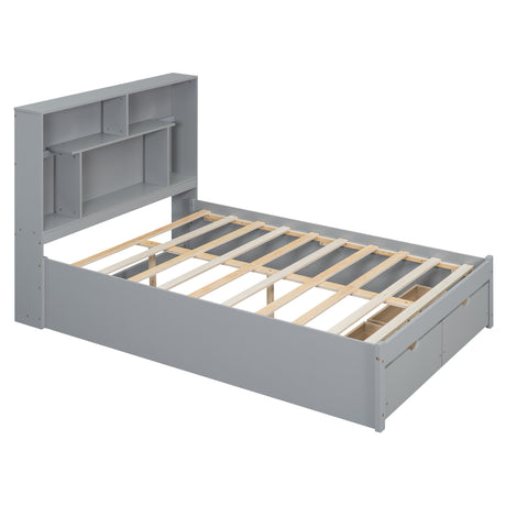 Full Size Platform Bed with Storage Headboard and 2 Drawers, Gray - V.I.P Digital Presence