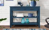Console Sofa Table with 2 Storage Drawers and 2 Tiers Shelves Mid-Century Style 42'' Solid Wood Buffet Sideboard Navy Blue