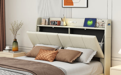 Large floating bed frame with storage headboard, touch sensor, night light and USB charger, padded platform bed, beige color - V.I.P Digital Presence