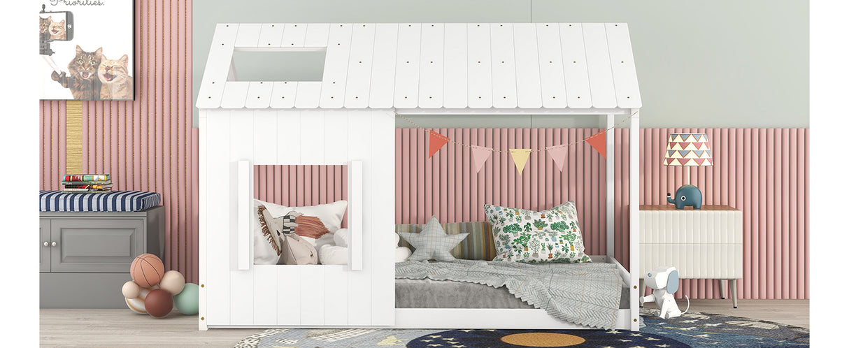 Twin Size House Bed with Roof and Window - White - V.I.P Digital Presence