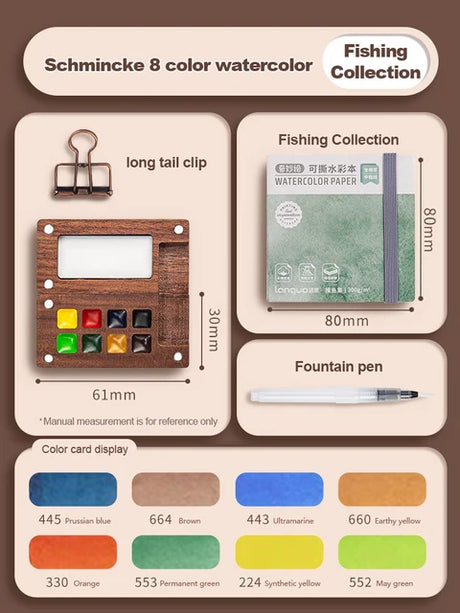 Mini watercolor paint box and small notebook Mingke 8-color wooden box mini drawing board solid watercolor painting - V.I.P Digital Presence