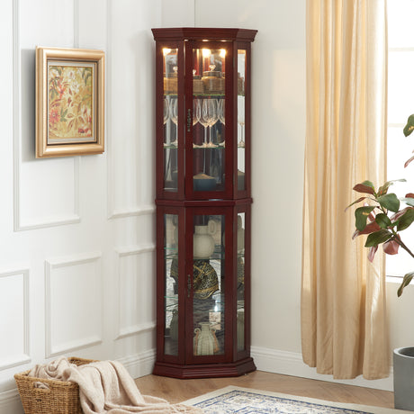 Corner Curio cabinet with lights, adjustable tempered glass frame, display cabinet, cherry color (excluding E26 light bulbs) - V.I.P Digital Presence
