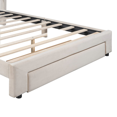 Queen Size Storage Bed Velvet Upholstered Platform Bed with a Big Drawer - Beige - V.I.P Digital Presence