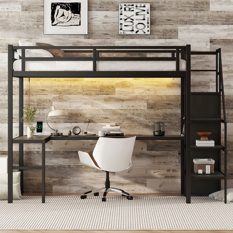 Twin XL loft bed with L-shaped desk and USB, metal loft bed with wardrobe and adjustable shelf, LED loft bed, black - V.I.P Digital Presence