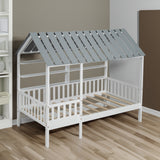 Wood Twin Size House Bed with Roof, Guardrail and Shelves, White - V.I.P Digital Presence