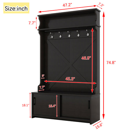 Hall tree with roof rack and storage platform, corridor shoe cabinet with sliding door, clothes hanger with 5 hooks black - V.I.P Digital Presence