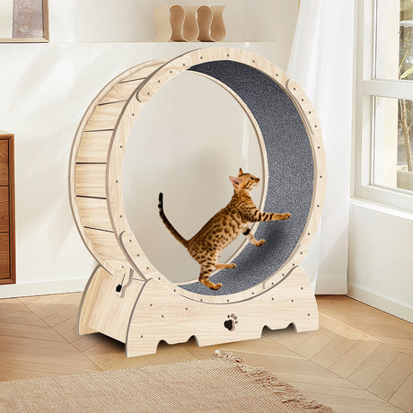 Cat Exercise Wheel for Indoor Cats, Cat Running Wheel with Carpeted Runway 37" Natural Wood Color - V.I.P Digital Presence