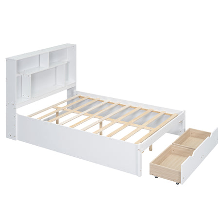 Full Size Platform Bed with Storage Headboard and 2 Drawers, White - V.I.P Digital Presence