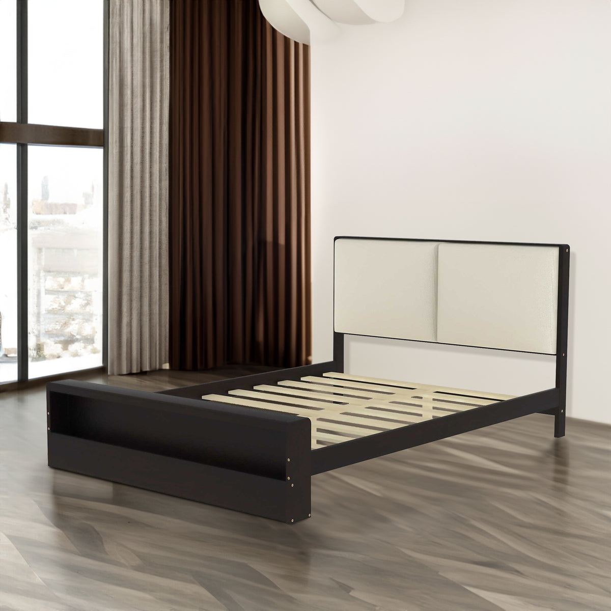 Queen Size Platform Bed Frame with Upholstery Headboard and Bookshelf in Footboard and LED Light Strips, Espresso - V.I.P Digital Presence