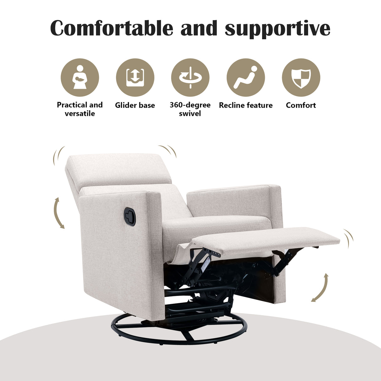 Modern Upholstered Rocker Nursery Chair Plush Seating Glider Swivel Recliner Chair Tan