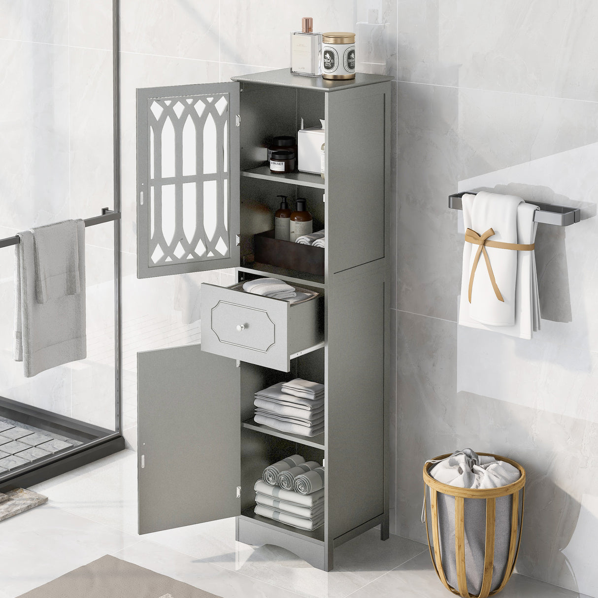 Tall Bathroom Cabinet, Freestanding Storage Cabinet with Drawer and Doors, MDF Board, Acrylic Door, Adjustable Shelf, Grey - V.I.P Digital Presence