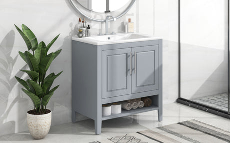 30" Bathroom Vanity with Sink, Multi-functional Bathroom Cabinet with Doors and Drawers, Solid Frame and MDF Board, Grey - V.I.P Digital Presence