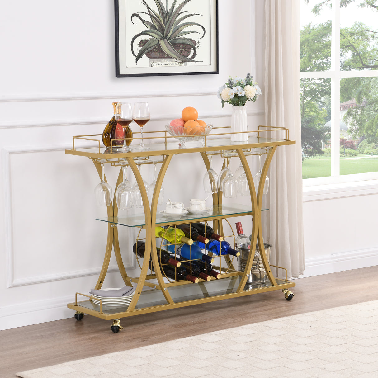 Golden Bar Cart with Wine Rack Tempered Glass Metal Frame Wine Storage - V.I.P Digital Presence